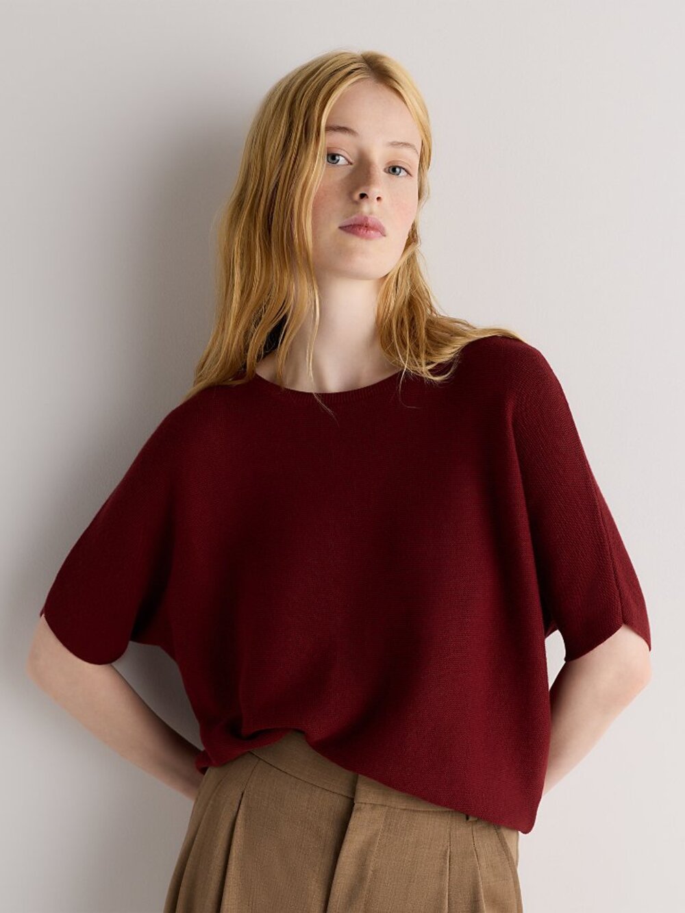 Cotton Cashmere Dolman Sweater in Deep Red
